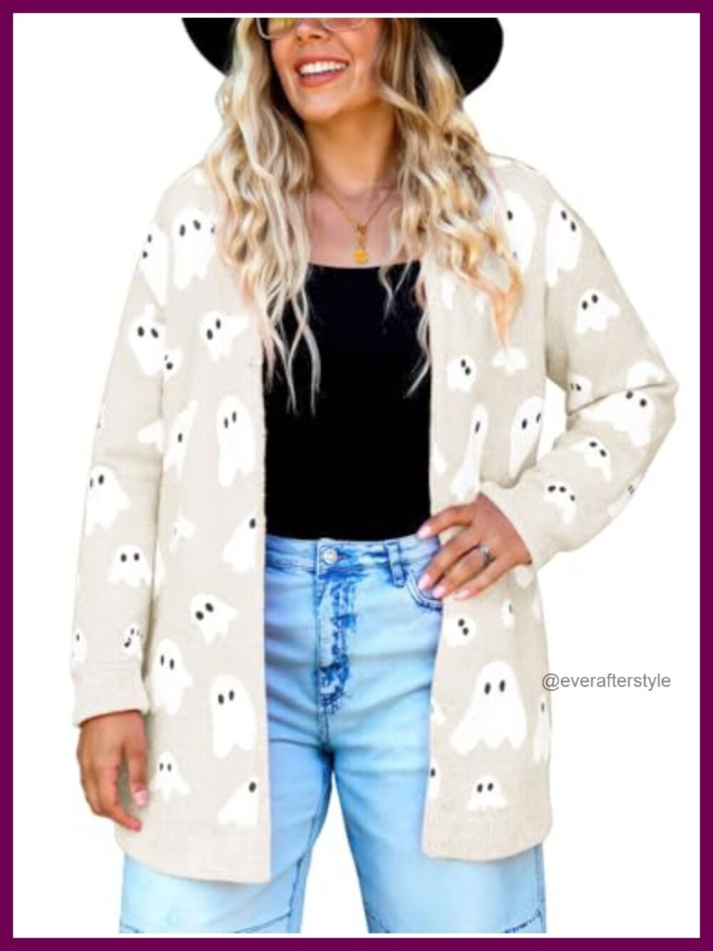 Ghost Print Cardigan Lantern Sleeve Open Front Loose Knit Sweater Coat
